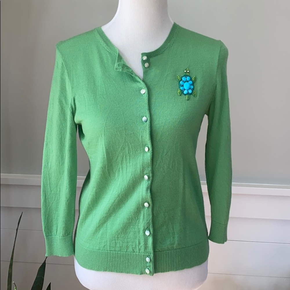 J. Crew Beaded Turtle Green Cardigan
